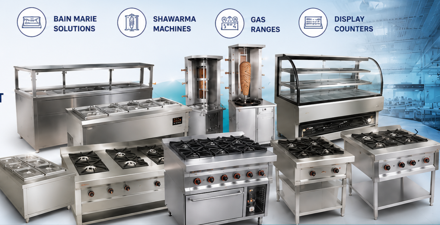 Bain Marie Solutions, Shawarma Machines, Gas Ranges, Display Counters and stainless-steel commercial kitchen equipment.